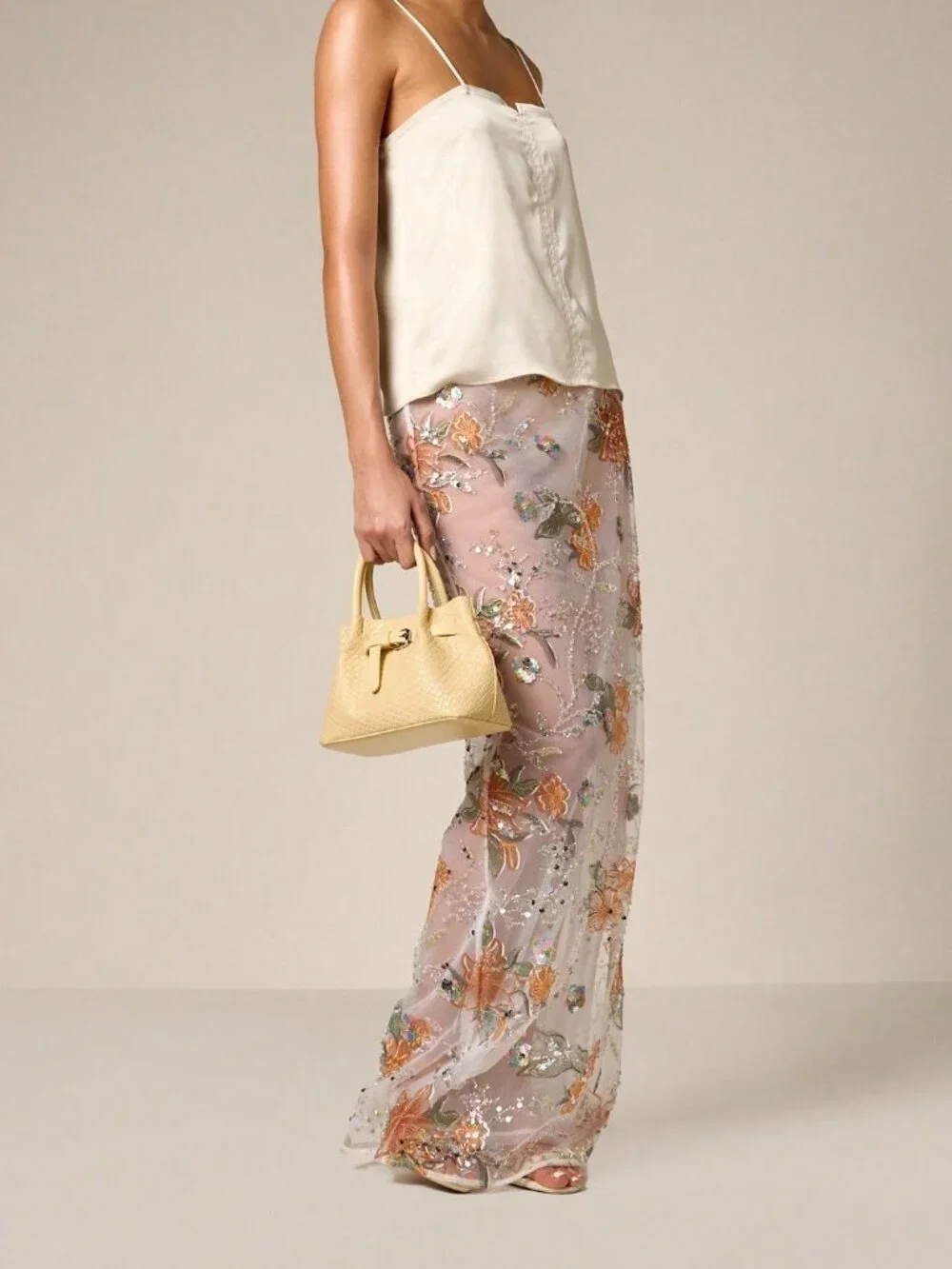 Multicolor Sexy Women's Floral Pattern Sequin Embellished Maxi Skirt with Floral